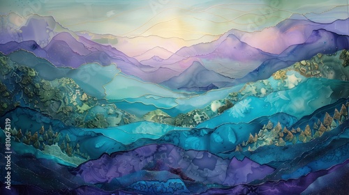 Malarstwo przedstawia góry wyrastające na tle nieba. Dominuje kolor ametystu, tworząc abstrakcyjne krajobrazy snów