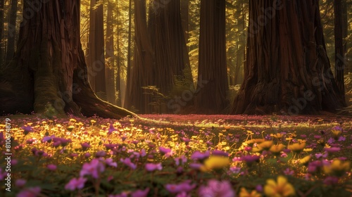 W lesie pełnym drzew i kwiatów w Kalifornii można zobaczyć niesamowity widok na starożytny las sekwoi