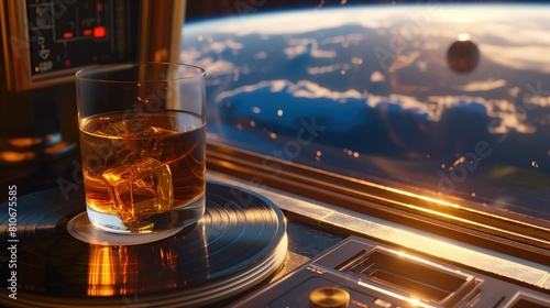 Szklany kieliszek z whisky stoi na górze stołu, w tle widoczny jest gramofon i tło dzieła sztuki