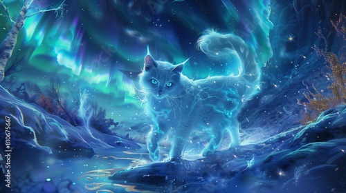 Kocia postać stojąca w białym śniegu z opalizującymi oczami. Kot prezentuje się na tle zimowej scenerii