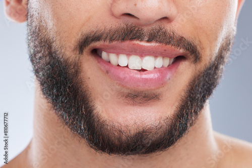 Dental, smile and mouth of man in studio with fresh breath, confidence or oral hygiene treatment on grey background. Cleaning, teeth whitening or model with tooth implant, crown or root canal results