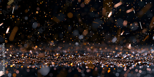 Golden glitter background with glowing particles, Golden glitter sparkles on a black background The glitter is in focus while the background is slightly blurred
