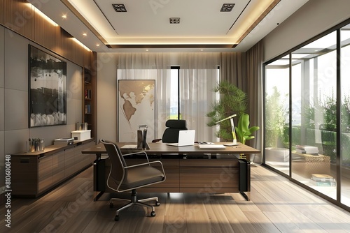 A serene office space designed for optimal light and space efficiency