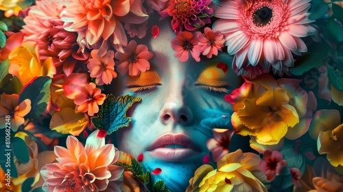 Colorful flowers superimposed over faces, blending nature with human portraits