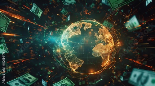 Global economy concept with money and communication devices centered around the globe