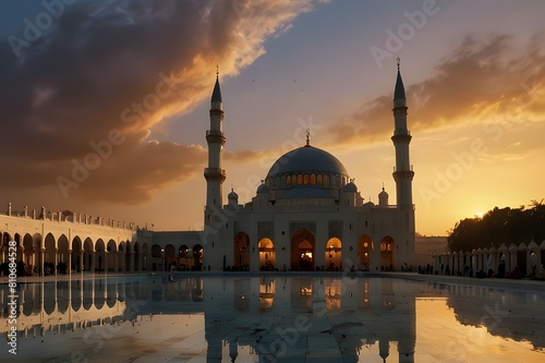 Background of a mosque for worship and greetings on Eid ul Adha Mubarak. Gorgeous mosque at dawn with vibrant clouds 