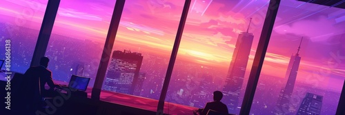 People working on computer pc behind glass wall in dark office with pink sunset illustration