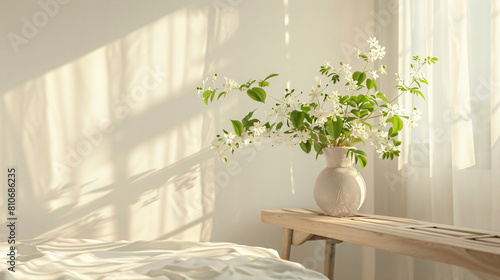Vase with blooming jasmine flowers on bedside bench in