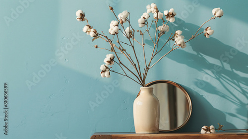 Vase with cotton flowers and mirror on wooden table ne