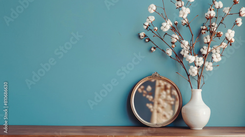 Vase with cotton flowers and mirror on wooden table ne