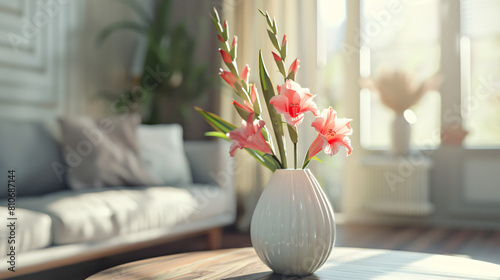 Vase with gladiolus flowers on table in room