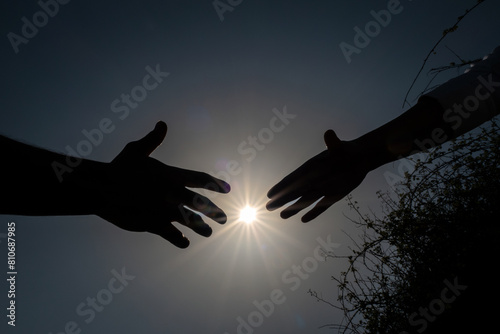 Silhueta de duas mão em que a mão feminina em meio a silvas e às adversidades da vida pede ajuda à mão masculina com o sol como fundo significando a esperança