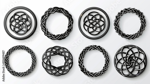 Celtic circle frames. Vintage round border frames with celtic knots, knotted braid ornaments northern Irish motifs. Circular magical patterns vector set 3D avatars set vector icon, white background, 