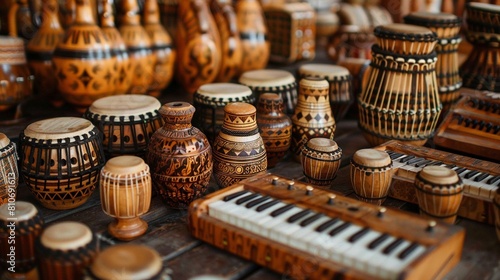 Musical Instruments Creating a Harmonic Symphony Create an image where traditional musical instruments from various cultures are set up as if in a concert