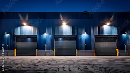 Illuminated industrial building with roller door and concrete floor at night. Concept Industrial Architecture, Night Photography, Urban Landscapes, Industrial Design, City Scape