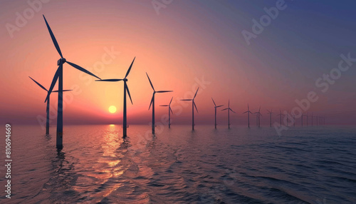 A row of wind turbines are in the water with the sun setting in the background by AI generated image