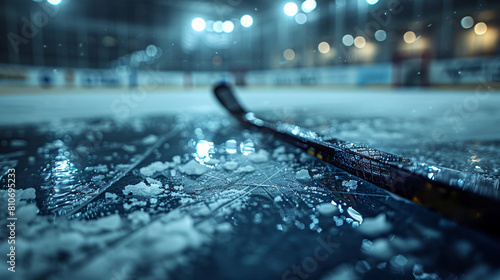 Contrast of a well-used hockey stick against the smooth surface of a dimly lit ice arena