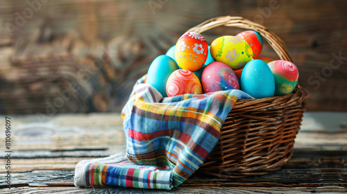 Wicker basket with multicolored Easter eggs and napkin