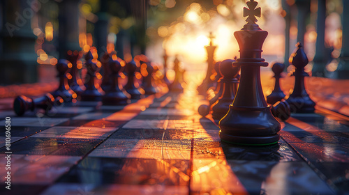 Solemn chess queen casting a long shadow over fallen pieces at dusk
