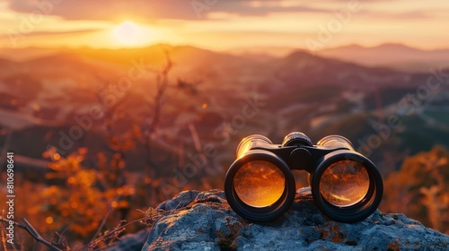 Binoculars overlook a breathtaking panorama of hills at the golden hour