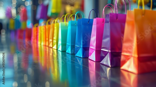Rainbow-hued gift bags in neat rows on a glossy shop surface