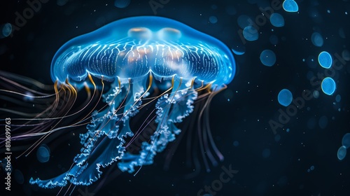 Bioluminescent jellyfish floating in the deep blue ocean abyss