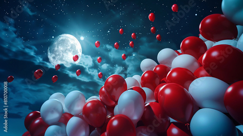 A whimsical scene of red and white balloons floating past a moonlit sky at night.