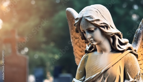 woman in the evening, buddha statue at sunset, angel statue in cemetery, person in the hood, sad angel statue at the cemetery with copy space for text, funeral concept