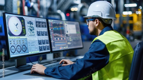 An industrial machinery engineer monitoring AI generative dashboard showing predictive analytics and real-time business data