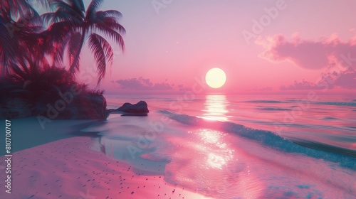 Słońce zachodzi nad oceanem, na tle palm. Krajobraz jest spokojny i relaksujący, idealny do obserwacji zachodzącego słońca