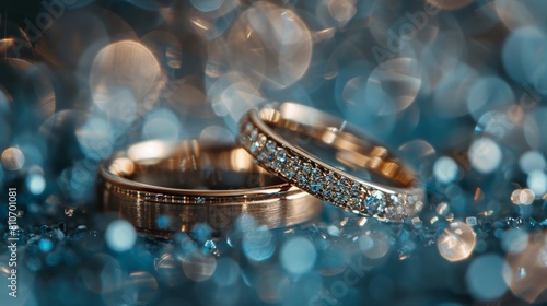 Luxurious wedding bands gleam with stardust on a magical bokeh background
