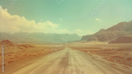 Widok na pustynną drogę prowadzącą przez suchy teren otoczony piaskiem i niską roślinnością