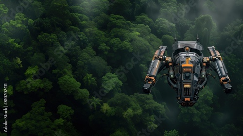 Futurystyczny pojazd unoszący się w powietrzu nad bujnym, zielonym lasem. Pojazd wygląda na zaawansowany technologicznie i jest we wspaniałym kontraście do naturalnego otoczenia