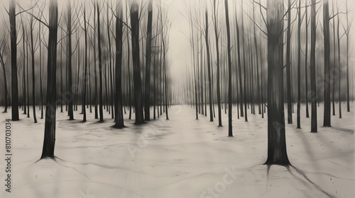 Czarno-białe zdjęcie przedstawiające drzewa pokryte śniegiem w naturalnym otoczeniu