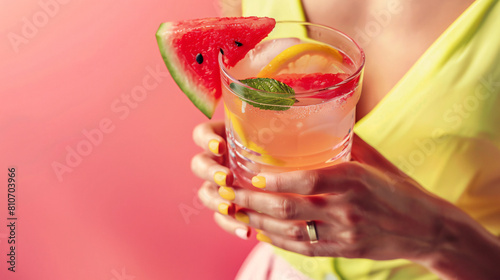 Woman holding glass of cold watermelon lemonade on col