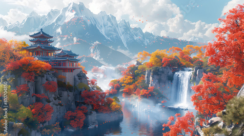 there is a painting of a waterfall and a pagoda in the mountains