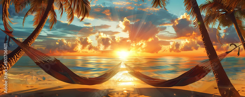 tropical beach hammock sunset background with palm trees and blue water