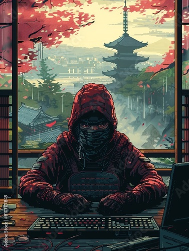 A keyboard warrior hiding behind a screen, spewing hateful comments Pixel Art