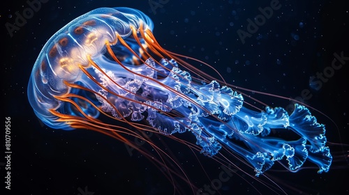 Bioluminescent jellyfish floating in the deep blue ocean abyss