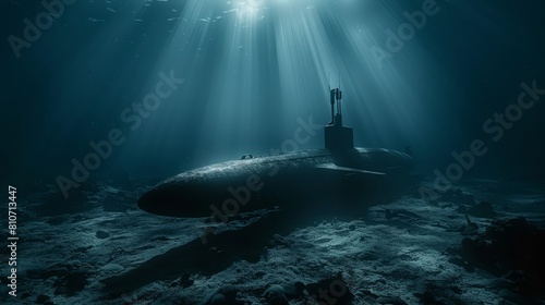 Sunlight filters through the water illuminating a lone submarine on the seabed
