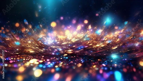 Beautiful abstract shiny light and glitter background. Abstract Colorful Neon bokeh Christmas texture. Cloud of multicolored particles in the air like sparkles on a dark background with depth of field