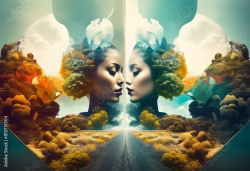 illustration, surreal double exposure blending two contrasting images abstractly, camera, photos, pictures, art, design, digital, creative, technique, visual