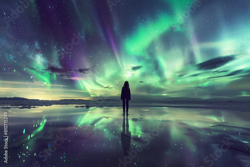 Violet and green aurora shine in the night sky, reflections in calm water, Very twisty aurora fills the sky, landscape without people