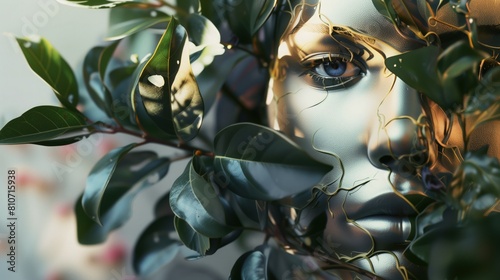 Kadr przedstawia bliskie ujęcie twarzy kobiety otoczonej liśćmi, które tworzą malownicze tło. Kobieta wydaje się skupiona na czymś co znajduje się poza kadrem