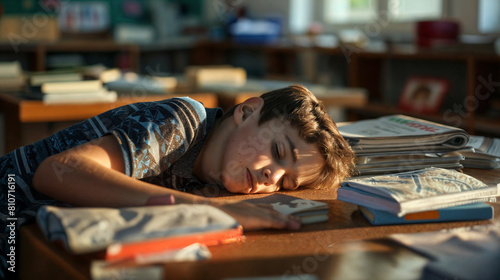 A tired schoolboy sleeps among books in the library. Sleeping person surrounded by books.