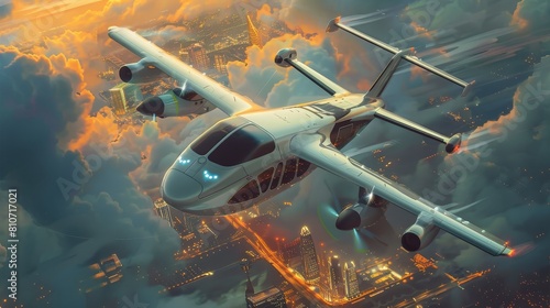 Aerial view of a modern hybrid VTOL aircraft flying above a vibrant cityscape during sunset, reflecting innovation
