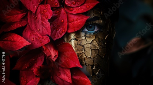 Kobieta ma twarz ozdobioną czerwonymi kwiatami, które tworzą uroczą kompozycję na skórze