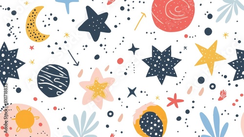 A seamless pattern with cute space elements. Moons, stars, planets, comets and UFOs. AIG51A.