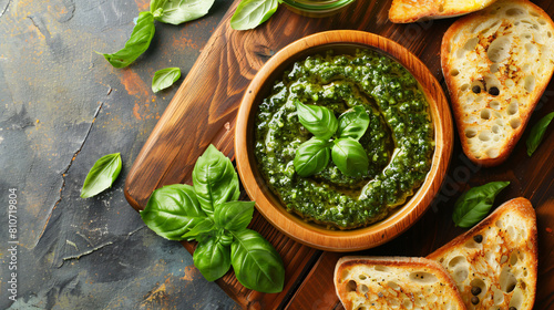 Wooden board with bowl of pesto sauce and toasts on co