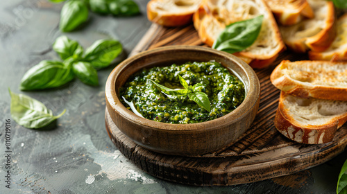 Wooden board with bowl of pesto sauce and toasts on co